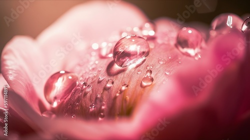 Beautiful transparent drops of water or dew with sun glare on petal of pink peony flower, macro. Gentle artistic image of purity and beauty of nature..Generative AI