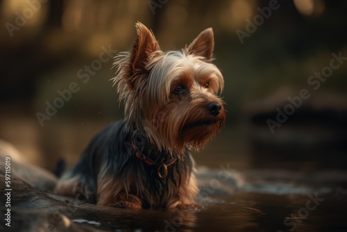 Lifestyle portrait photography of an aggressive yorkshire terrier scratching ears against lakes and rivers background. With generative AI technology © Markus Schröder