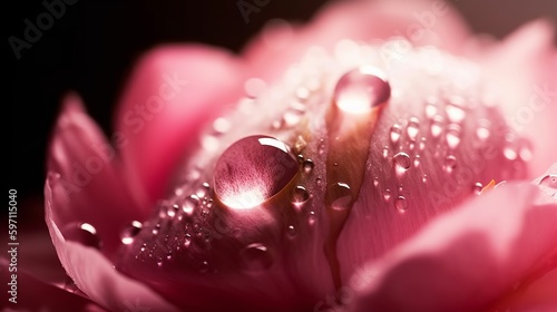 Beautiful transparent drops of water or dew with sun glare on petal of pink peony flower, macro. Gentle artistic image of purity and beauty of nature..Generative AI