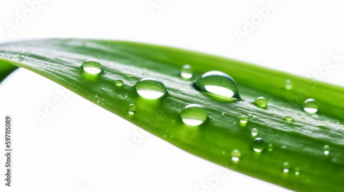 Beautiful transparent natural dew drops or rain on fresh grass leaf isolated on white background..Generative AI