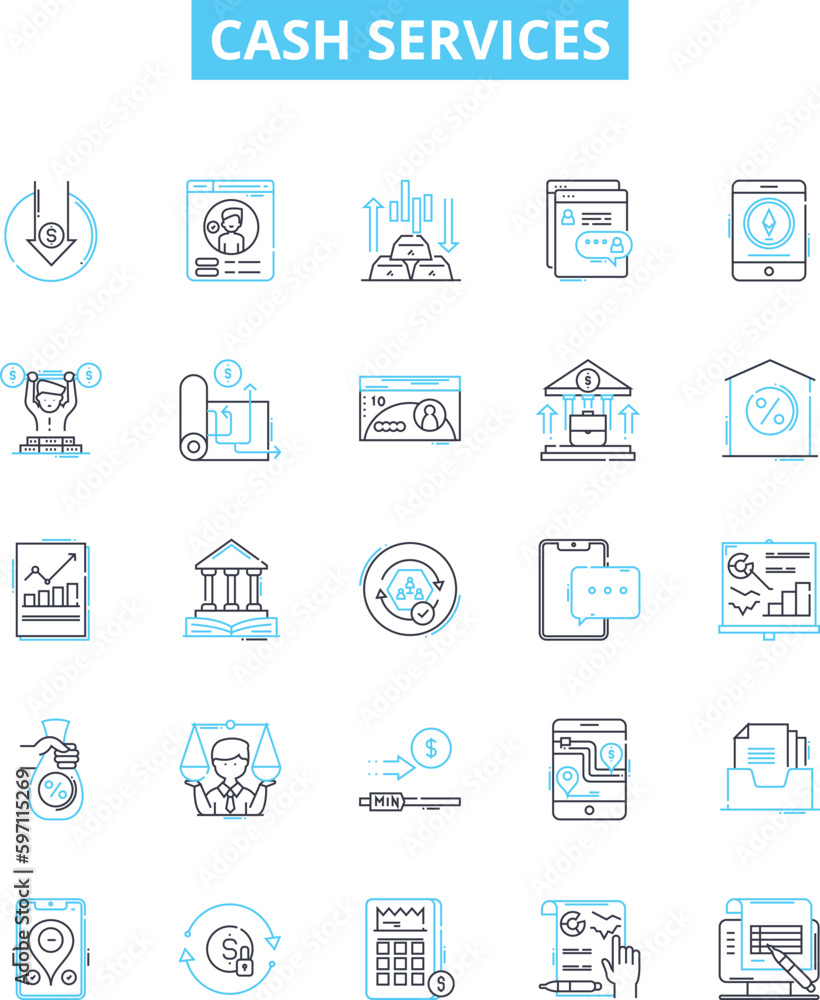 Cash services vector line icons set. Money, funds, banking, payments, ATM, debit, credit illustration outline concept symbols and signs
