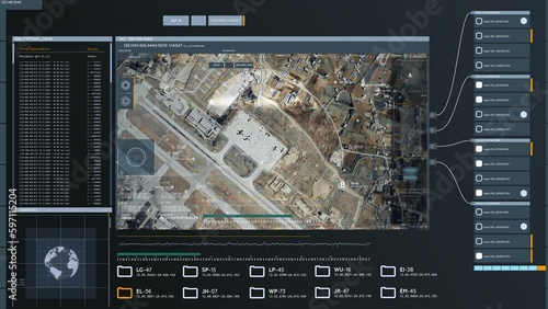 Military Computer Establishes Surveillance Over Military Air Base Location. Modern Location Search Computer Traks Military Plane Vehicles. Computer Interface Tracking Location Of Military Forces photo