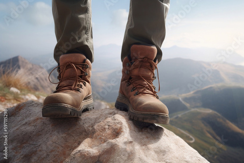 Close up of a Hiker's Feet Wearing Hiking Boots While Standing on a Mountain, Generative AI