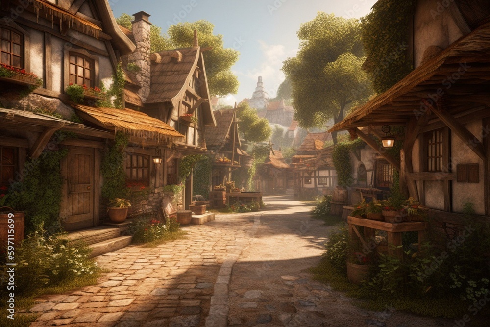 A digital painting of a rural village street scene, depicting a fantasy village. Generative AI
