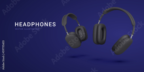3d realistic black headphones isolated on dark background. Banner for advertising wireless headphones. Vector illustration