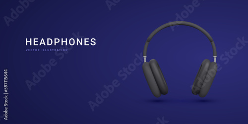 3d realistic black headphones isolated on dark background. Banner for advertising wireless headphones. Vector illustration