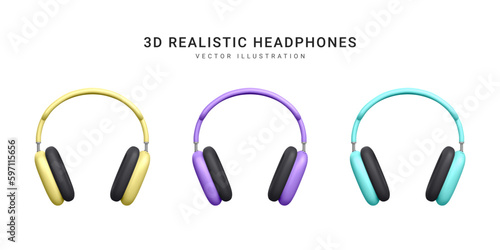 Set of 3d realistic wireless headphones isolated on white background. Vector illustration