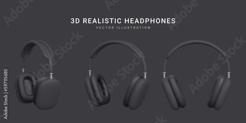 Set of 3d realistic black wireless headphones isolated on dark background. Vector illustration