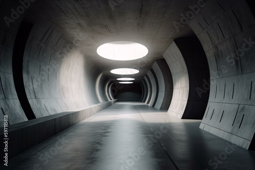 Empty concrete space with an abstract 3D tunnel form. Generative AI