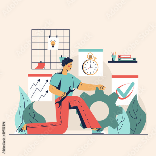 Young man holding wrench, standing next to big gear and ready to start working. Concept of technical support, solving problems quickly and on time. Vector illustration in flat design