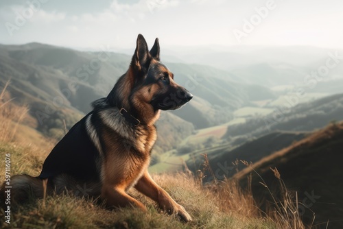 Environmental portrait photography of a happy german shepherd scratching the body against mountains and hills background. With generative AI technology