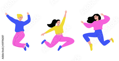 Happy women jumping, flat design