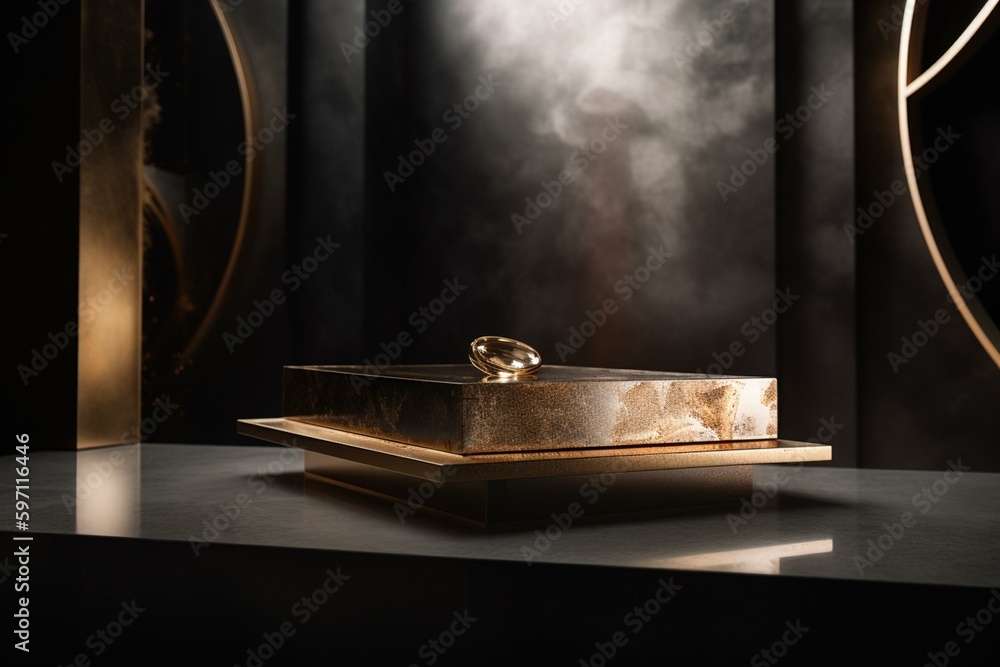 Luxurious podium designed for product display with a golden finish. Accompanied by an elegant backdrop. Generative AI