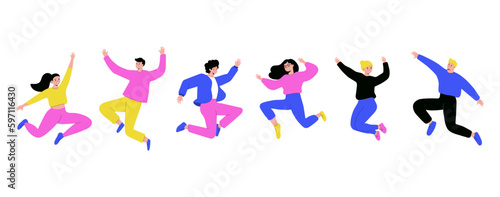 Happy people jumping  women and men flat design