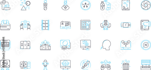 Radio Broadcasting linear icons set. roadcasting, Transmission, Reception, Antenna, Signal, Program, Station line vector and concept signs. Studio, Frequency, Modulation outline illustrations