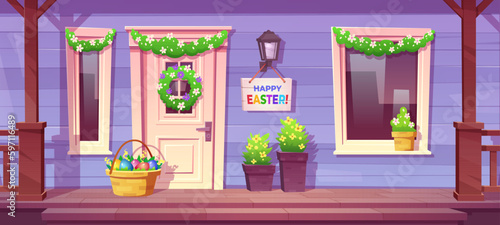 Easter house porch with front door vector illustration. Outside home building exterior with spring flower wreath and garland area on wooden patio. Apartment outdoor scene with egg in basket and lamp