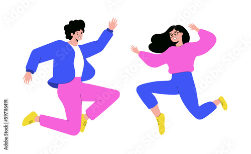 Happy couple jumping, flat design