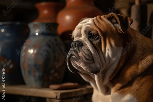 Medium shot portrait photography of a curious bulldog being at a pottery studio against farms and ranches background. With generative AI technology © Markus Schröder