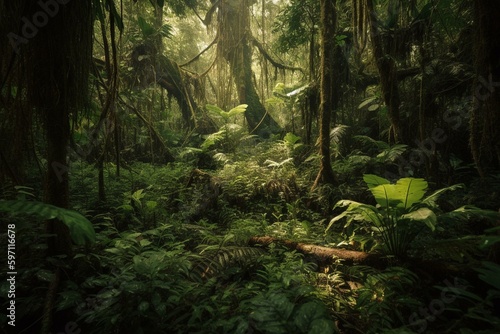 Lush green Amazonian forest in summer. Generative AI