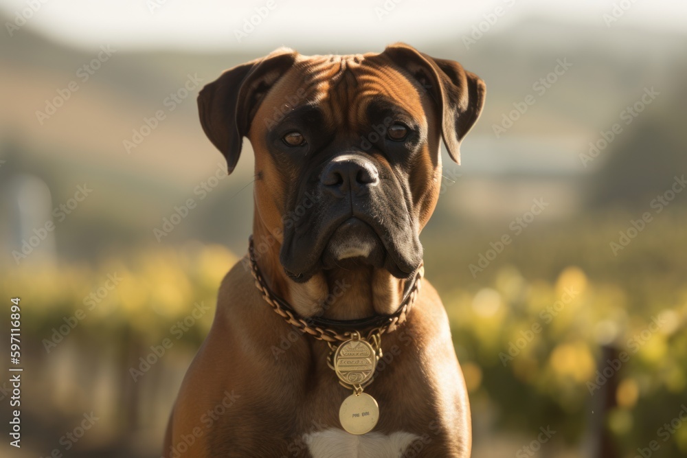Medium shot portrait photography of an aggressive boxer dog wearing a medal against vineyards and wineries background. With generative AI technology