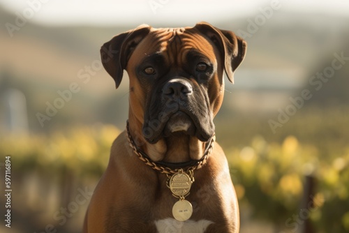 Medium shot portrait photography of an aggressive boxer dog wearing a medal against vineyards and wineries background. With generative AI technology © Markus Schröder