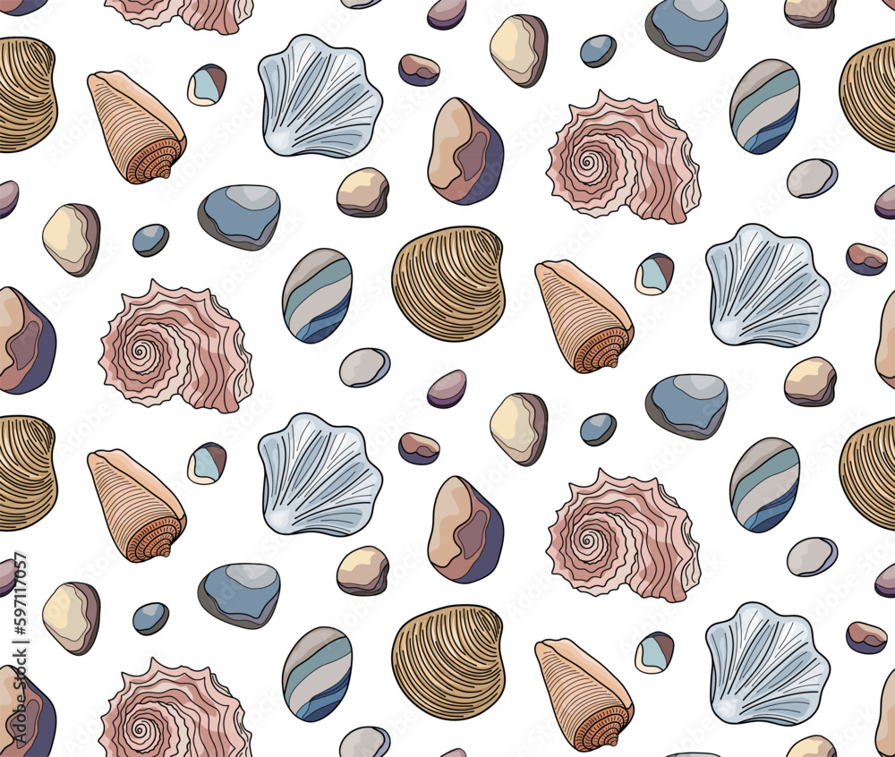 Seamless background with sea shells and pebbles. Seamless background with sea shells and pebbles.