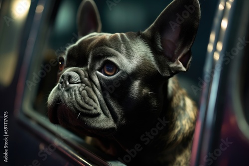 Medium shot portrait photography of an aggressive french bulldog sticking head out of a car window against museums with outdoor exhibits background. With generative AI technology © Markus Schröder