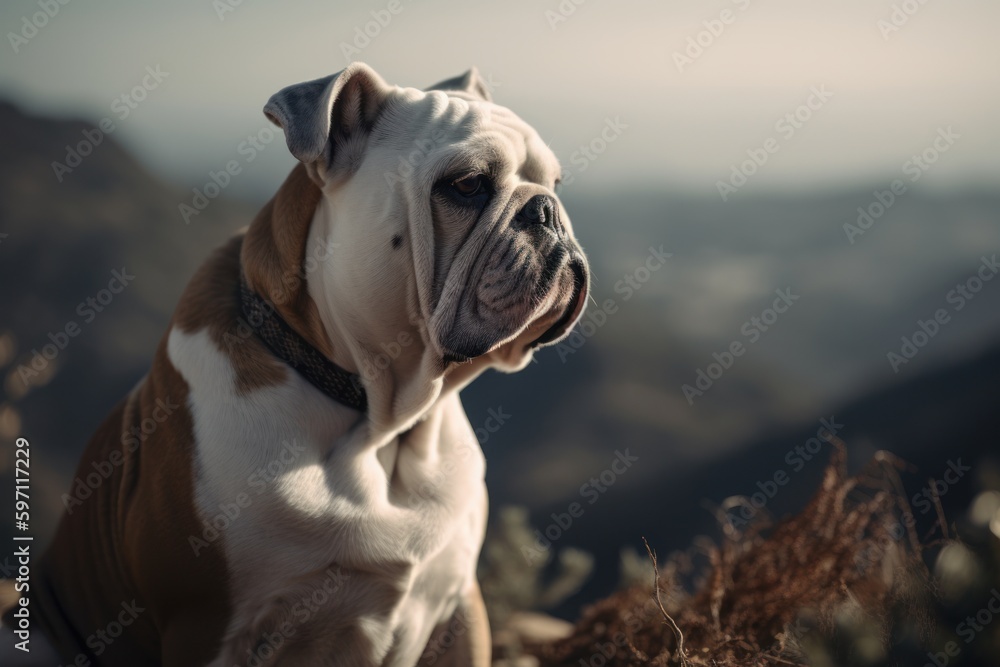 Lifestyle portrait photography of an aggressive bulldog sitting against scenic viewpoints and overlooks background. With generative AI technology