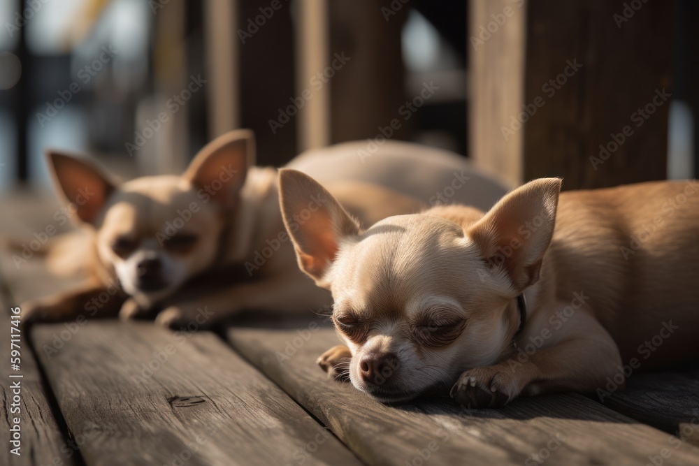 Group portrait photography of a curious chihuahua sleeping against boardwalks and piers background. With generative AI technology