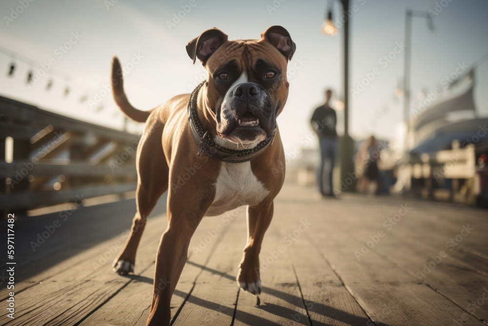 Medium shot portrait photography of an aggressive boxer dog dancing with the owner against boardwalks and piers background. With generative AI technology