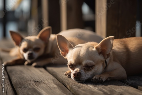 Group portrait photography of a curious chihuahua sleeping against boardwalks and piers background. With generative AI technology © Markus Schröder