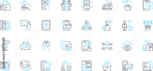 Sales tracking linear icons set. Metrics, Pipeline, Conversion, Forecasting, Revenue, Performance, Analytics line vector and concept signs. Leads,Funnel,Tracking outline illustrations