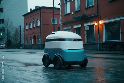 Autonomous delivery robot moving alone on city street, created with Generative AI