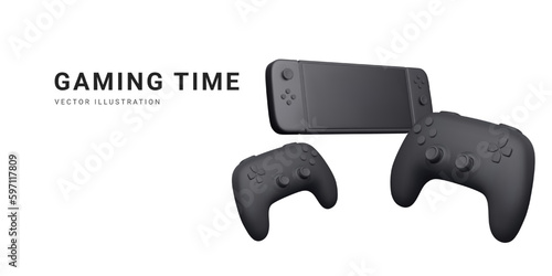 3d realistic gamepads and gaming console isolated on white background. Video games and gaming time concept. Vector illustration