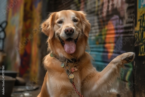 Medium shot portrait photography of a happy golden retriever giving the paw against graffiti walls and murals background. With generative AI technology