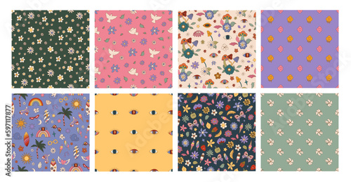 Set of retro groovy summer seamless patterns with flowers, fruits, pigeon, smiley faces 70s background. Funky boho psychedelic vibrant hippie vibes pattern. Vector illustration in flat style
