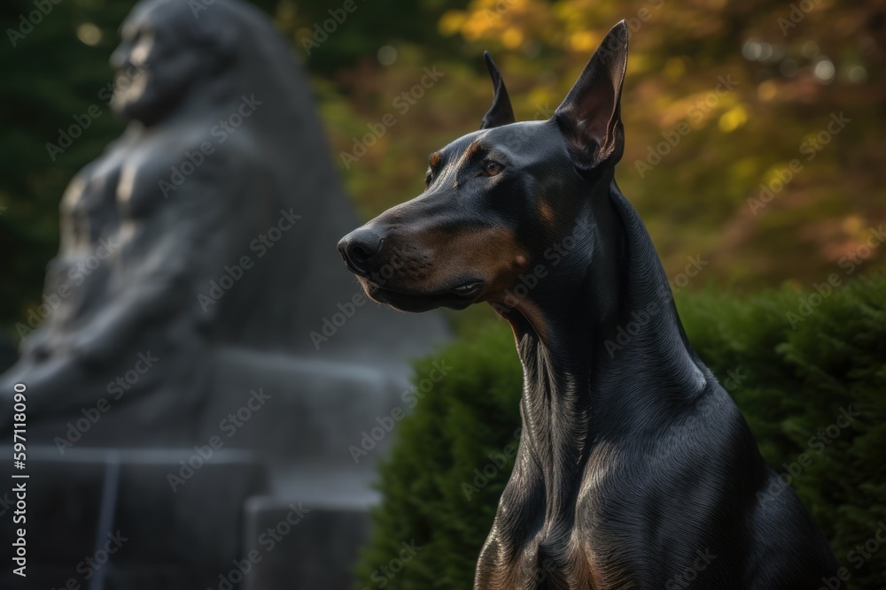 Environmental portrait photography of a curious doberman pinscher eating against sculpture gardens background. With generative AI technology