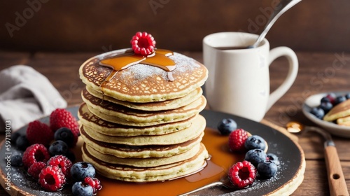 Pancakes with berries and coffee (Generative AI)