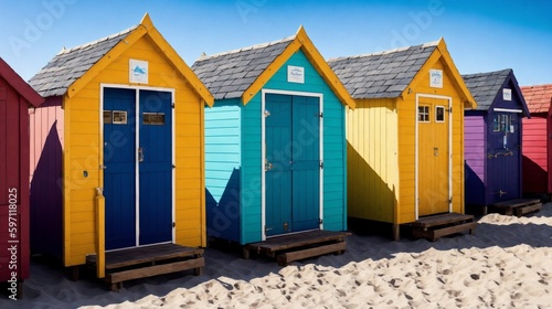 colorful huts at the beach (Generative AI)