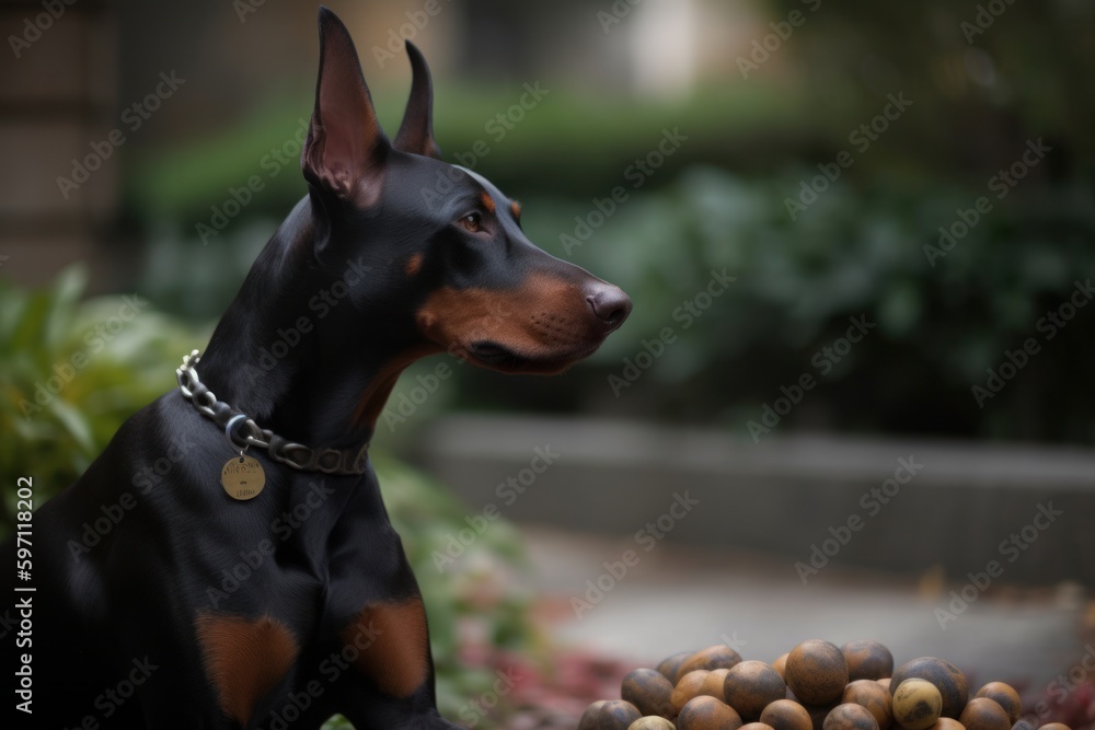 Environmental portrait photography of a curious doberman pinscher eating against sculpture gardens background. With generative AI technology Environmental portrait photography of a curious doberman pinscher eating against sculpture gardens background. With generative AI technology