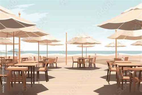 empty beach bar with beach umbrellas and tables on sand, and inviting people summer vacation. © olga_demina