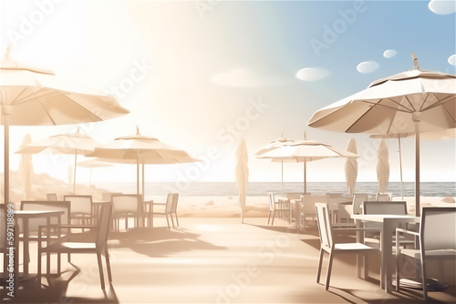 beach bar with umbrellas and tables on a wooden deck  perfect summer holiday with friends and family