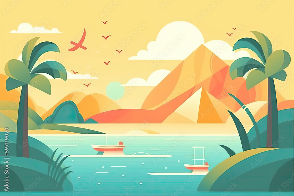 summer landscape illustration consisting of palm tree and a tropical beach. Ai generative