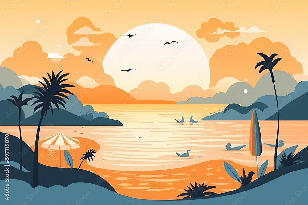 summer landscape illustration consisting of palm tree and a tropical beach in sunset light. Ai generative