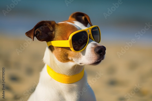 Jack Russell dog with yellow sunglasses on a beach. AI generative. © chandlervid85