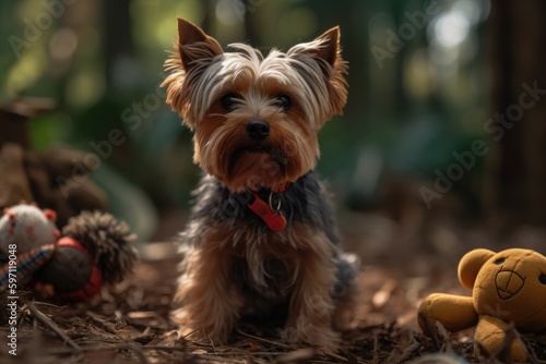 Full-length portrait photography of a scared yorkshire terrier playing with toys against zoos and wildlife sanctuaries background. With generative AI technology © Markus Schröder