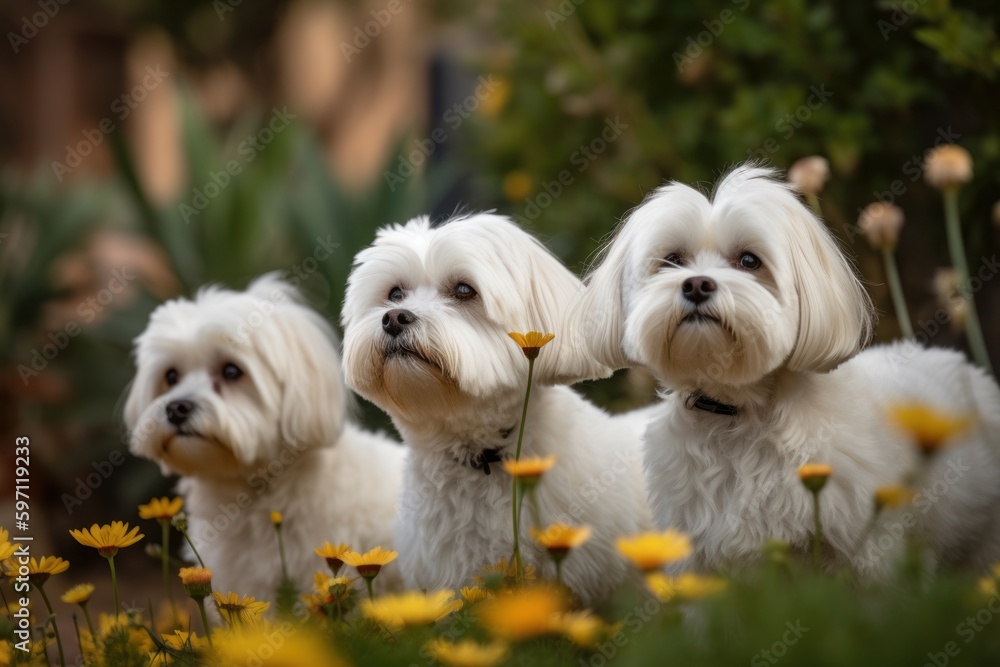 Group portrait photography of a curious maltese smelling flowers against zoos and wildlife sanctuaries background. With generative AI technology Group portrait photography of a curious maltese smelling flowers against zoos and wildlife sanctuaries background. With generative AI technology