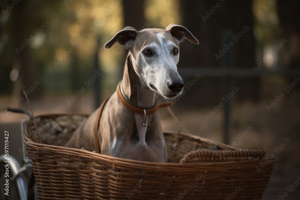 Fulllength portrait photography of a curious greyhound riding in a