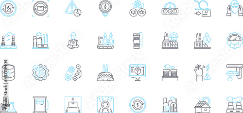 Automated Industry linear icons set. Robotics, Automation, Assembly, Manufacturing, Production, Control, Machining line vector and concept signs. Processing,Material handling,Inspection outline