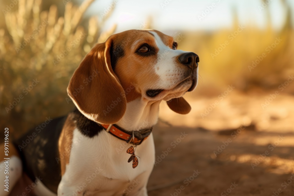 Medium shot portrait photography of a happy beagle having a butterfly on its nose against desert landscapes background. With generative AI technology